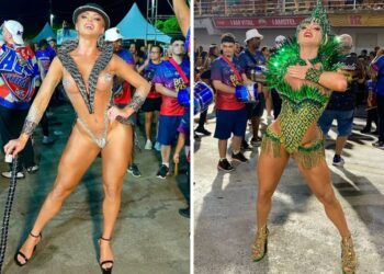 Thalita Zampirolli se troca no meio da avenida em ensaio do Carnaval