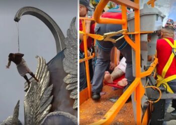 Destaque da Gaviões da Fiel que estava pendurado no carro abre-alas da escola passa mal e é socorrido