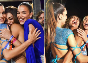 Marquezine e Camila Queiroz fazem ‘sanduíche’ com Juliana Paes durante folia na Sapucaí